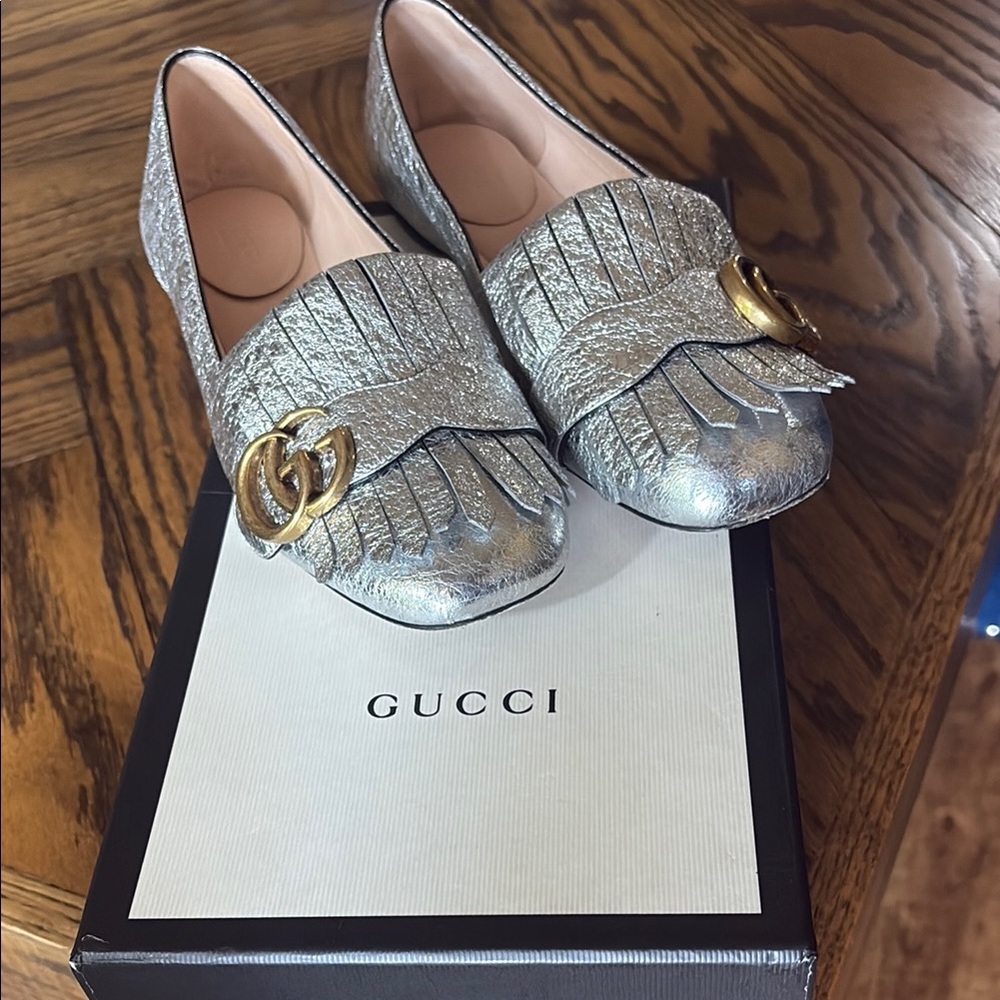 Gucci Marmont Women's Metallic Silver Loafers with Gold Accent 36.5